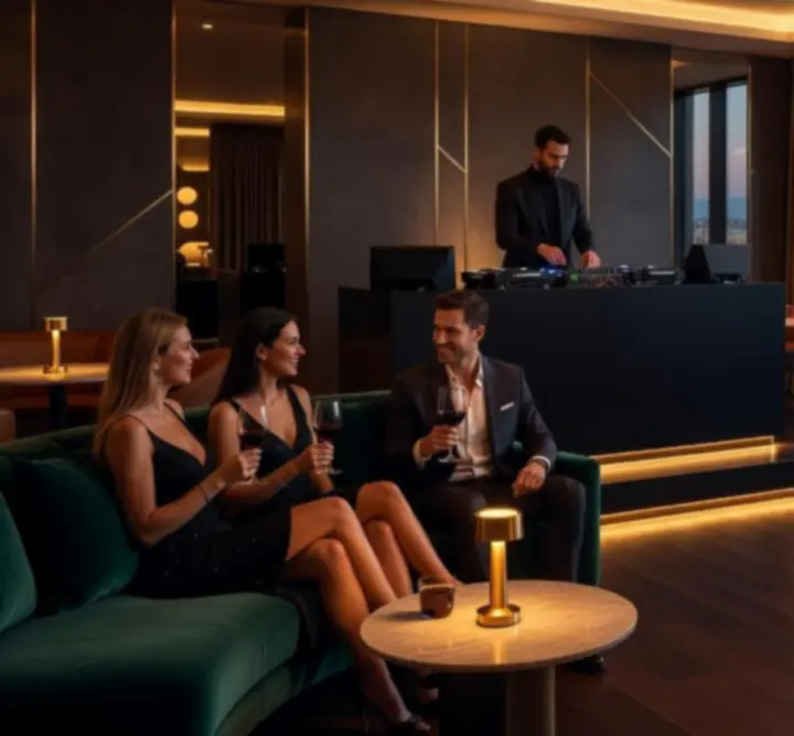 DJ pult és hangulatos fények egy exkluzív lounge estéjén